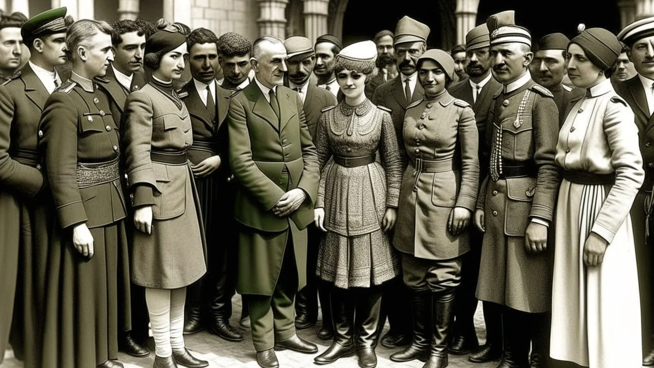 Andalusian men and women gathered around a military commander in Arab uniform