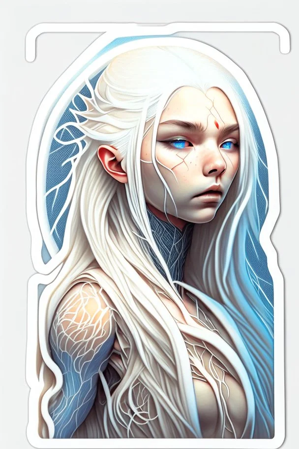 a sticker of a beautiful woman with a long white hair, veins connected to face and hair, Alex grey style, trending on artstaion, white skin, portrait of anime woman, inspired by Karol Bak, porcelain looking skin, connectedness, twitter pfp, yosuke ueno, blonde girl, anatomically perfect, biopunk armor