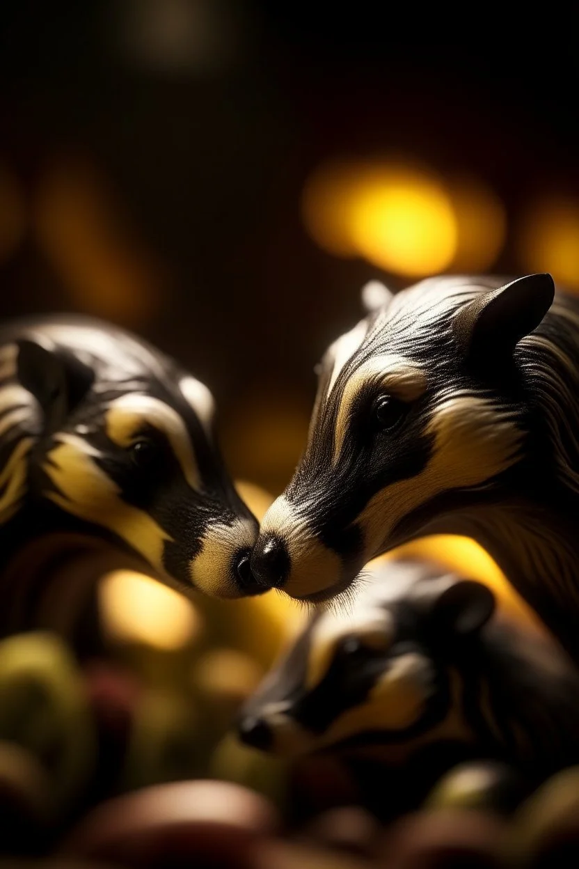 macro photo of badgers kissing over swirls,shot on Hasselblad h6d-400c, zeiss prime lens, bokeh like f/0.8, tilt-shift lens 8k, high detail, smooth render, down-light, unreal engine, prize winning