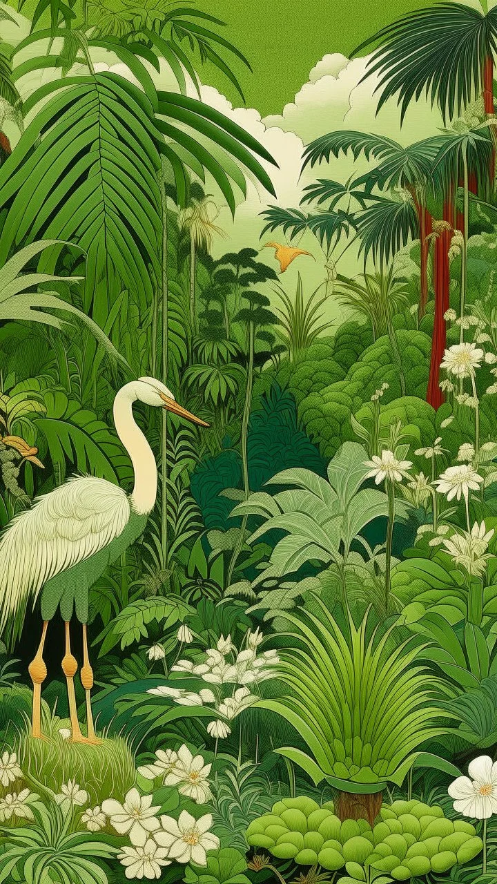 An olive green jungle with a crane designed in Hawaiian tiki statues painted by Katsushika Hokusai