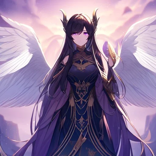 Clear focus,High resolution,High quality,Goddess Clothing Type, Black long hair, Purple eyes, Angel wings in the background, No light in eyes