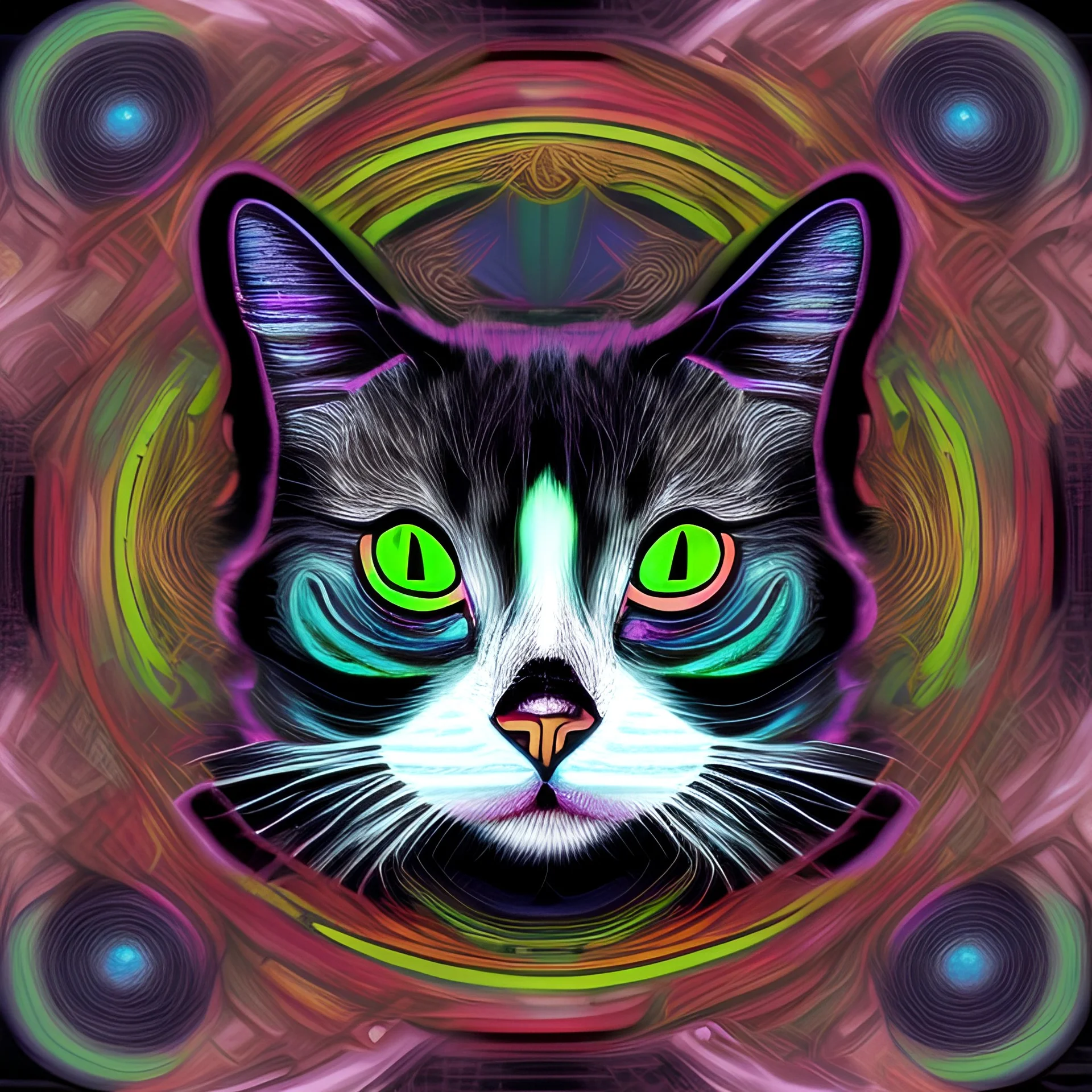 mystical black and white cat stretches on a psychedelic colored mushroom