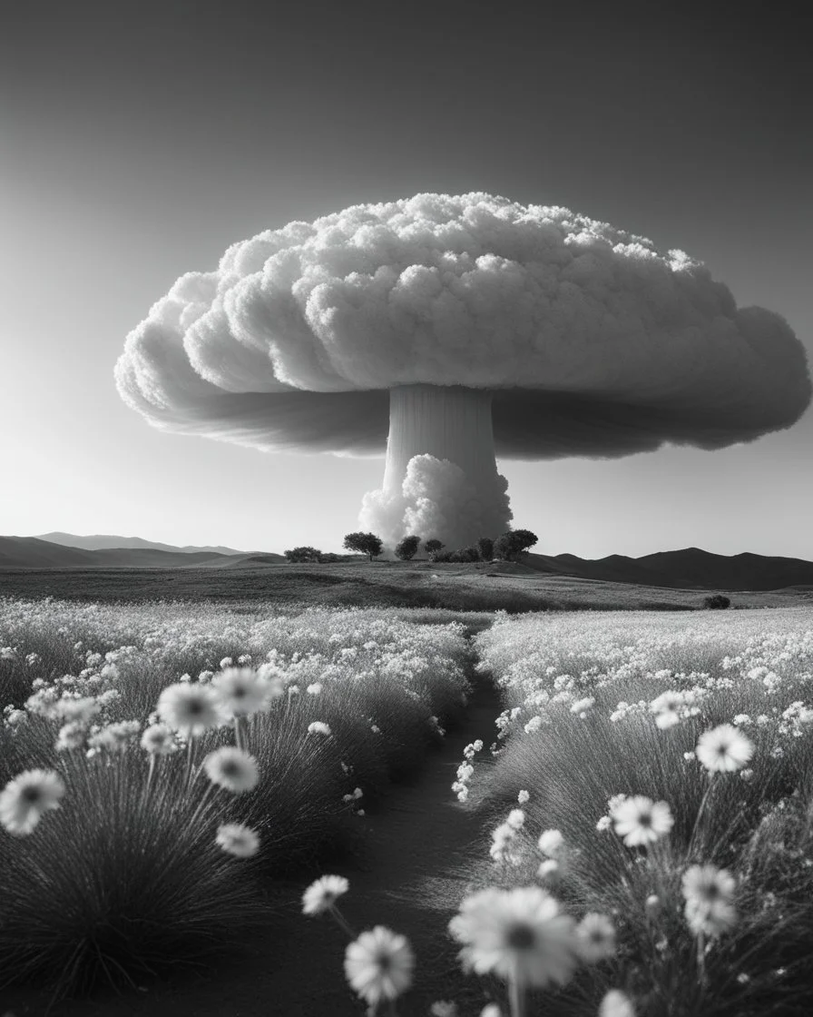 ULTRA REALISTIC, B&W Photograph, A mushroom cloud made of WHITE FLOWERS, in the distance in the desert, at Golden Hour, cinematic, cinematic shot, dynamic composition, details, intricate detail, professional lighting, film lighting, 35mm, anamorphic, lightroom, cinematography, bokeh, lens flare, film grain, hdr10, 8k, Roger Deakins, incredibly detailed, reflect, sharpen