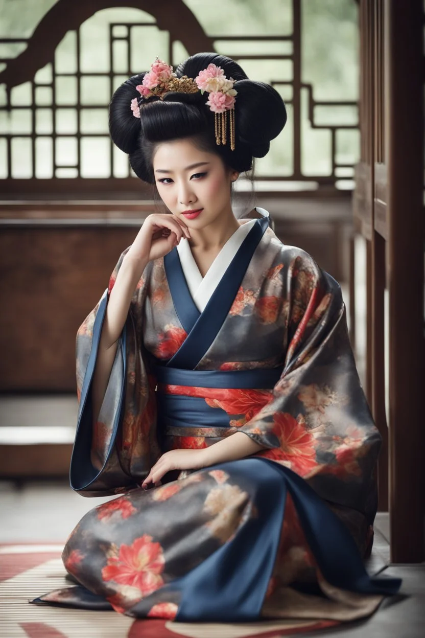 Ultra realistic photo beautiful geisha woman beauty ,one person young adult beautiful woman, sitting, clothing, women adult ,fashion dress, young women, beautiful people, indoors, full length hairstyle , ,smiling ,window looking ,sitting on floor contemplation ,floral pattern , futuristic style, HOF, captured with professional DSLR camera, 64k, ultra detailed,