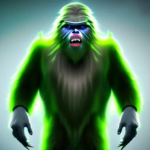 Highly detailed image of scary evil bigfoot Sasquatch with iridescent green astronaut space suit,missing helmet face shield,growling ferocious,dark fantasy,science fiction horror,evil,haunting,scary intricate details, cinematic, 8k, ultrarealistic, unreal engine,1950s looking, in the style of HR Giger