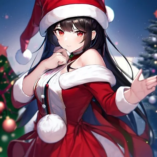 Clear focus, high resolution, black long fluffy hair, red eyes, wearing a chrimstas outfit, wearing a red short skirt, wearing a santa hat