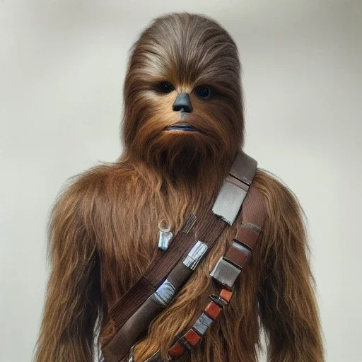 photorealistic and intricate portrait of chewbacca in star wars by katerina belkina, wearing beskar armor, deep dark colors, hyperdetailed, 32K, oil on canvas,