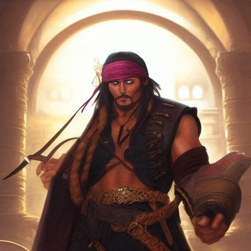 ultra realistic illustration, hulking herculean johnny depp as a rogue pirate thief from baldurs gate and diablo, intricate from baldurs gate, elegant, highly detailed, digital painting, artstation, concept art, smooth, sharp focus, illustration, art by artgerm and greg rutkowski and alphonse mucha