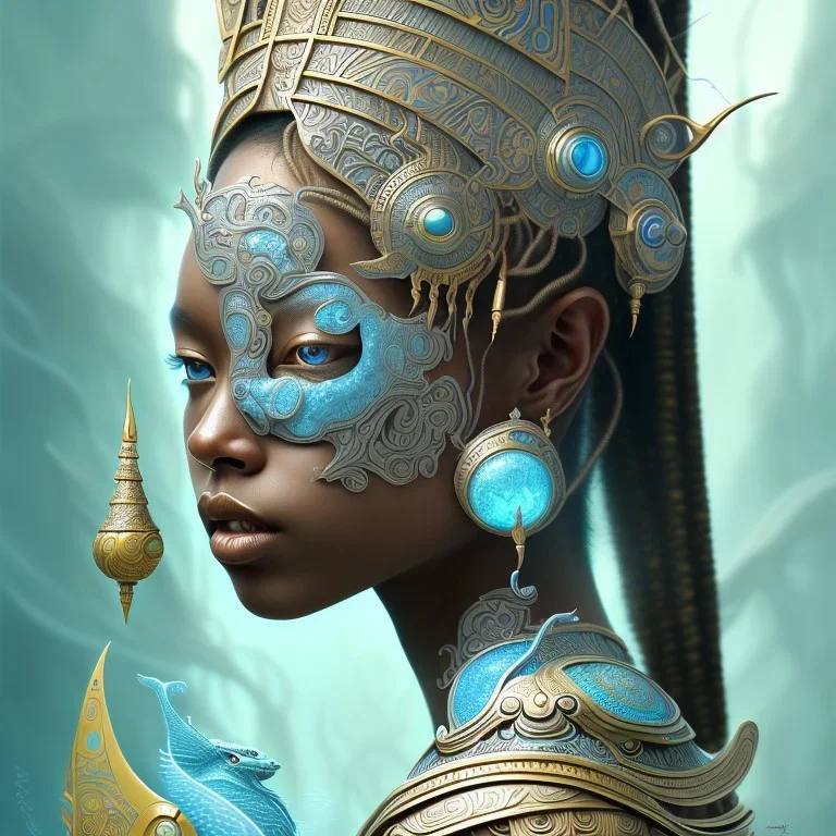 Sango fantasy, fantasy magic, intricate, sharp focus, illustration, highly detailed, digital painting, concept art, matte, art germ and Paul Lewin and Kehinde Wiley, masterpiece Aztec princess dancer head bronze feather's' Asian African girl nice breast Thai hair turquoise silver blue under water