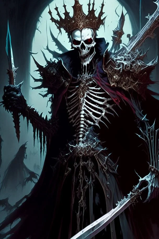 a demonic looking man with a sword in his hand, undead skeleton king, skeleton king, overlord season 4, ainz ooal gown, prince crown of black gears, the king of death, king of time reaper, overlord, lich vecna (d&d), dark and forboding, from overlord, scary knight, large black smile Overlord