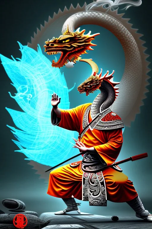 shaolin master vs yoga dragon, water, temple background, mist