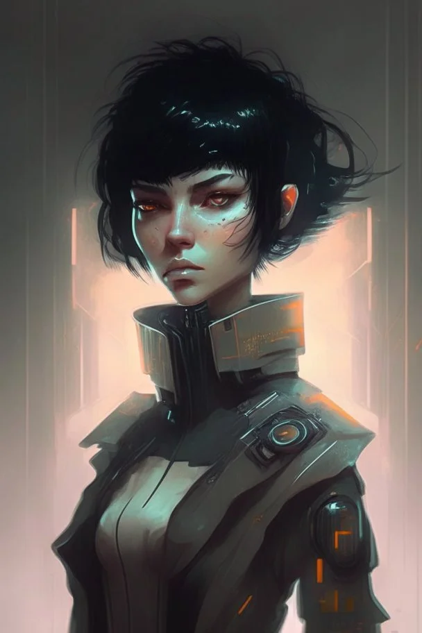 Cyberpunk netrunner, black hair, short hair, cybernetic eyes, standing in mists, Female, dark art, Ivory Peach skin, cute