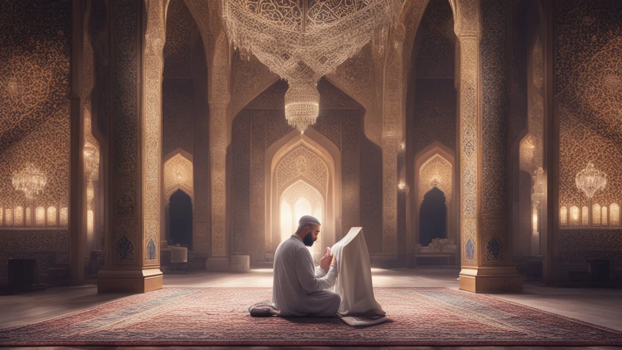 Hyper Realistic man praying in sajdah inside a beautifully crafted mosque with fancy walls & pillars, chandeliers & beautiful carpet at night