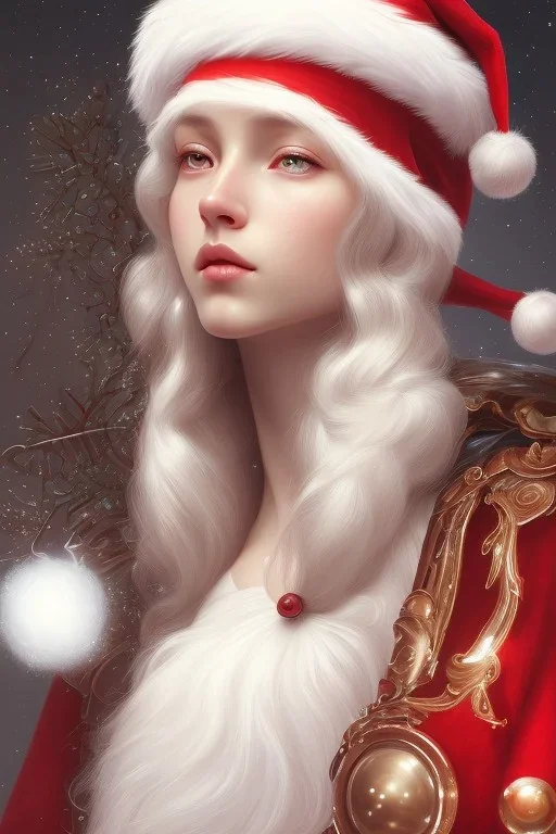 girl, cute, beautiful, long eyelashes, white hair, Santa hat, snowflakes, red dress, head and shoulders portrait, 8k resolution concept art portrait by Greg Rutkowski, Artgerm, WLOP, Alphonse Mucha dynamic lighting hyperdetailed intricately detailed Splash art trending on Artstation triadic colors Unreal Engine 5 volumetric lighting