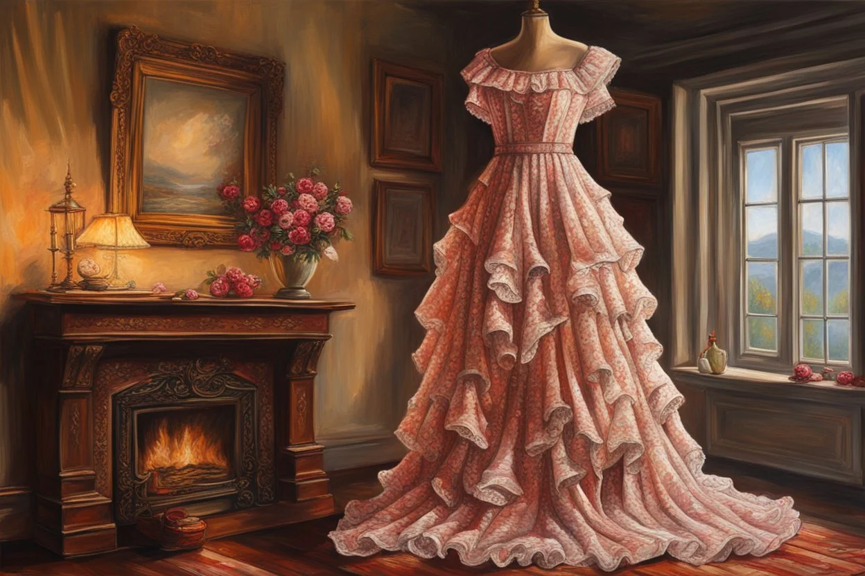 A beautiful romantic ruffled dress, decorated with beautiful embroidered flowers and lace, hanging on a hanger in a bedroom by the fireplace, in the light of the fireplace, Hyper realistic, oil on canvas award winning fantastic view ultra detailed acrylic art Ultra realistic Impressionism Surrealism simen johan, sharp focus intricate oil on canvas cinematic lighting photorealistic high detail ultra detailed crisp quality colourful