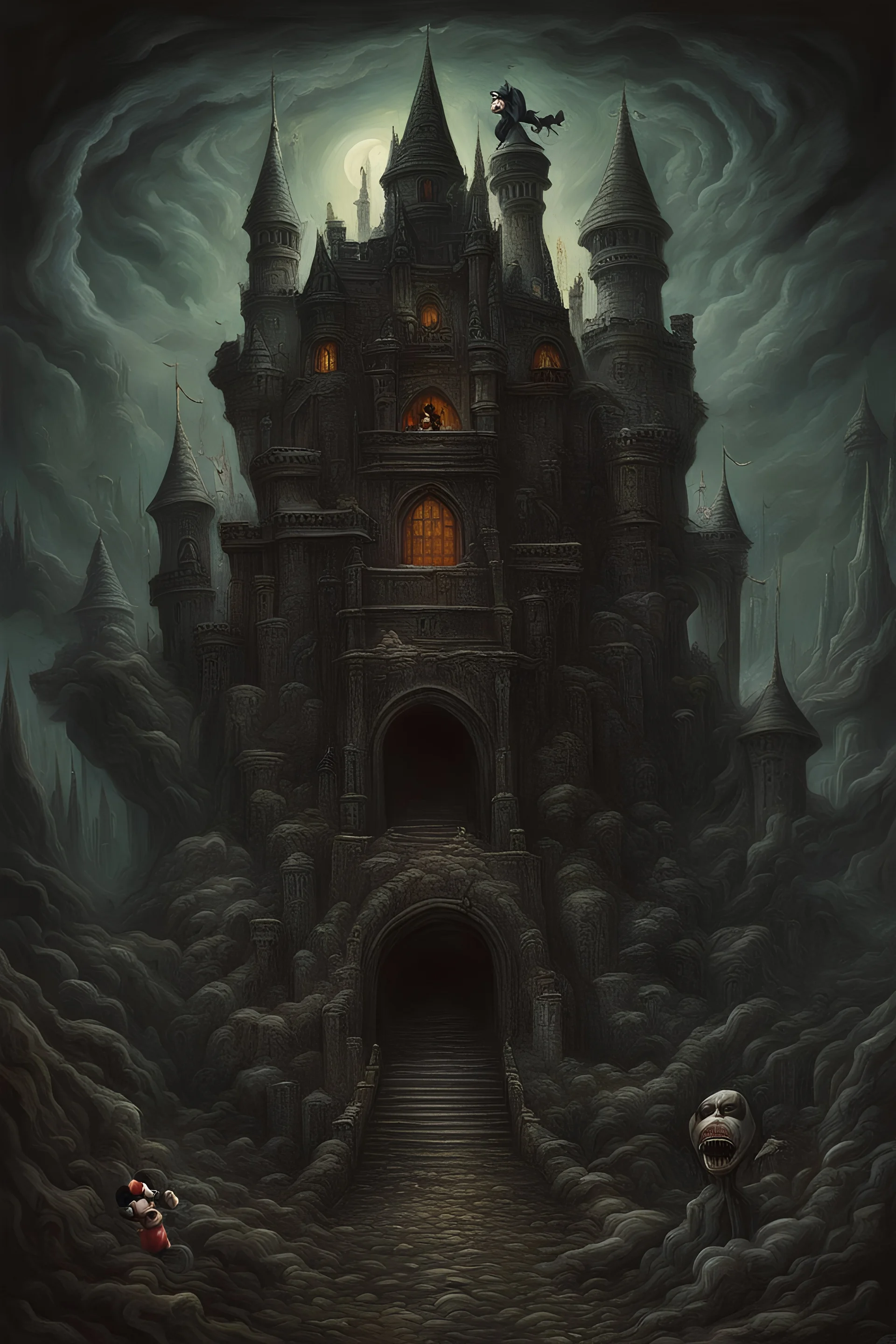 a painting of (a Mickey Mouse monster hybrid), giant teeth, a dark castle, dark surreal horror, oil painting, matte painting, detailed, intricate, unsettling