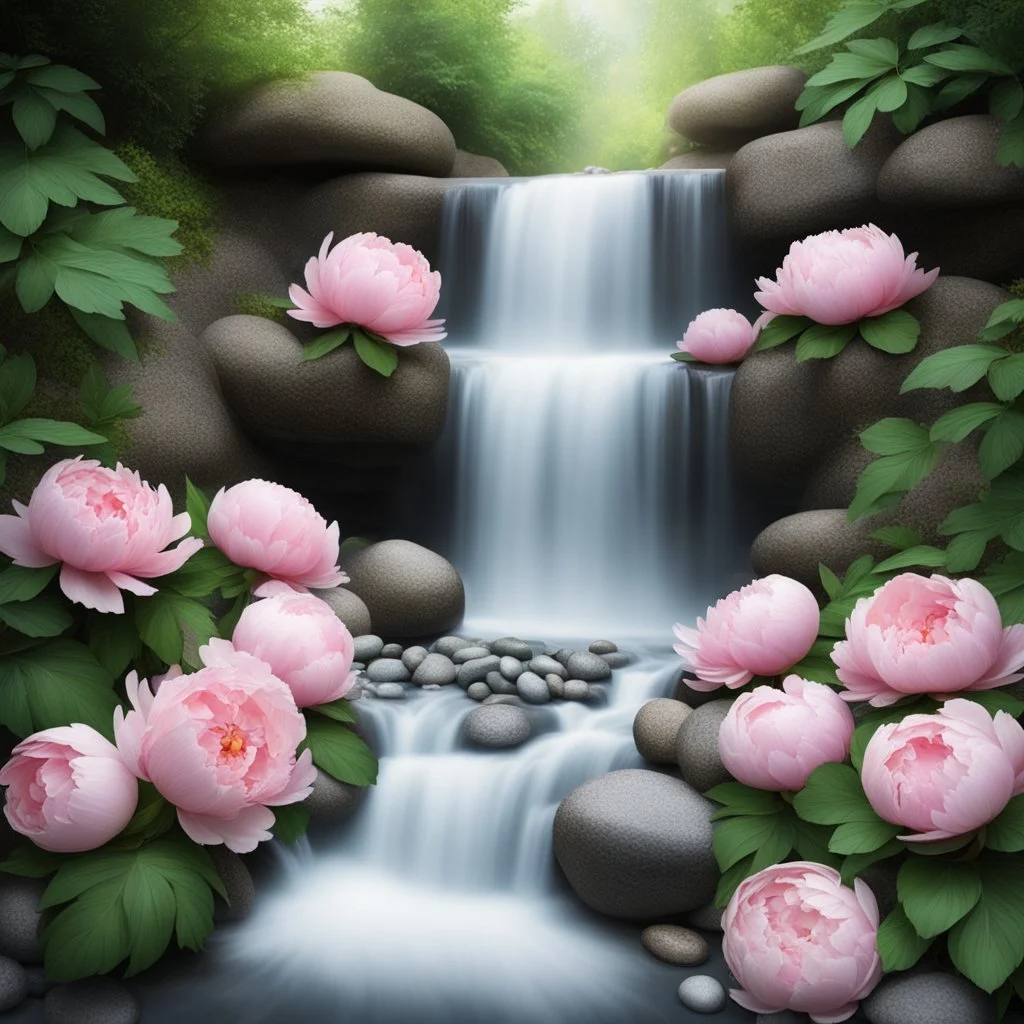 A waterfall with peonies and stones all around not only bright to remove