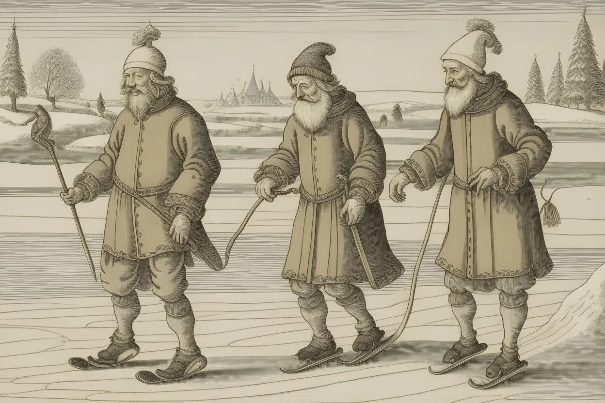 The wise men, Melchior, Gaspar and Baltasar, skating on the ice