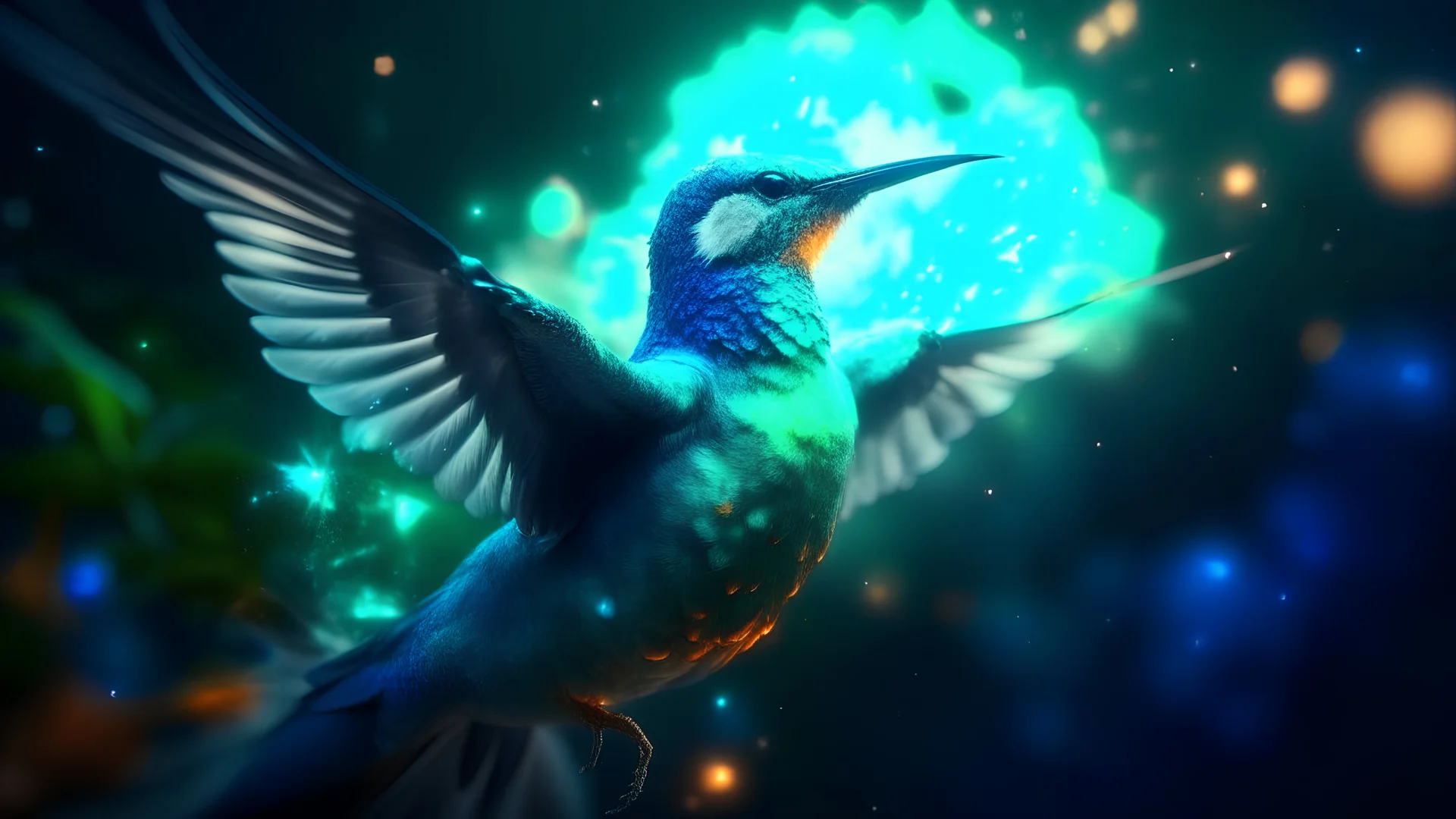 magestic, open winged bird, amazon rainforest, bokeh, photorealism, pastel colour, 4k, explosion, space, studio lighting