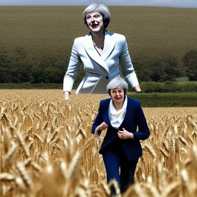 theresa may in a robot suit, running through fields of wheat, sunshine, daytime