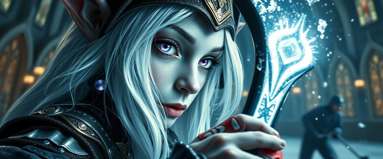 close up portrait of shiny ice priestess dark elf gremlin babe with lavender eyes and white silver hair, and with magical aura hockey staff, pin hole cam, master oil painting by Rembrandt, d&d glam rock and glitter vampire gremlin illithid and lich playing hockey in ice skating hall or church, in the style of giger and escher, sci fi with floating little saucers