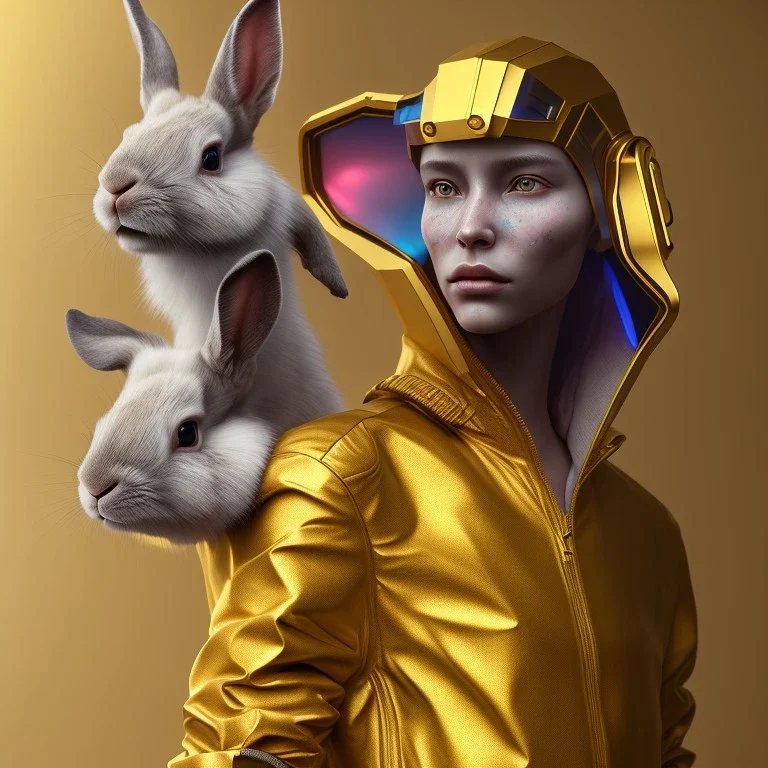 Ultra Realistic portrait, woman with rabbit mask, cyberpunk, latex suit, gold pink and blue style, photo studio, vibrant color, highly detailed, concept art, smooth, unreal engine 5, god rays, ray tracing, RTX, lumen lighting, ultra detail, volumetric lighting.