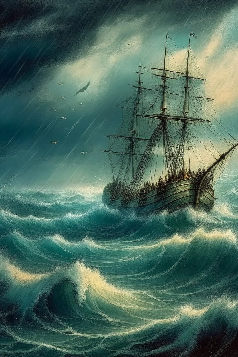 Rain and storm in an ocean with high waves , a big ship is sinking , Bosch painting style