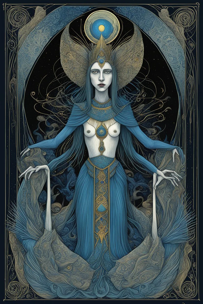 tarot card, tarot card Queen of Cups Thoth, tarot card borders and artistic border flourishes, styled Zdzislaw Beksinski and Aubrey Beardsley, and Paul Klee, hyperdetailed, black background, eerie, magical effects, hard card edges, smooth, crimson and midnight_blue, trending on Artstation, 8k, wonderfully morbid, by Frieda Harris