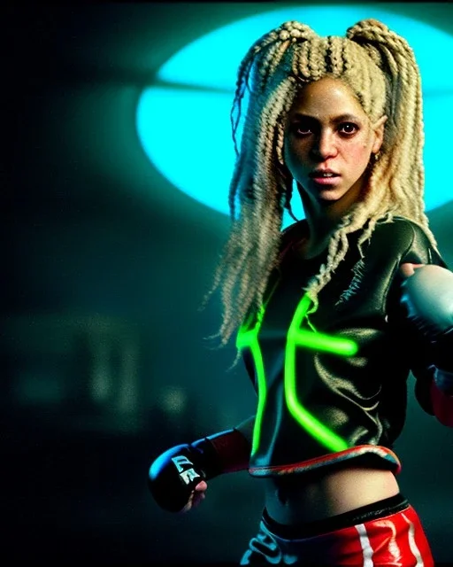 portrait, Shakira, blonde artist, angry, Realistic image, MMA robe, hoodie, mma gloves, fight pose, make-up make-up, gold line make-up, sweat, fog, goddess style, Neon colors, leds. Black background, photo studio, concept art, smooth, unreal engine 5, god lights, ray tracing, RTX, lumen lighting, ultra detail, volumetric lighting, 3d, finely drawn, high definition, 4k.