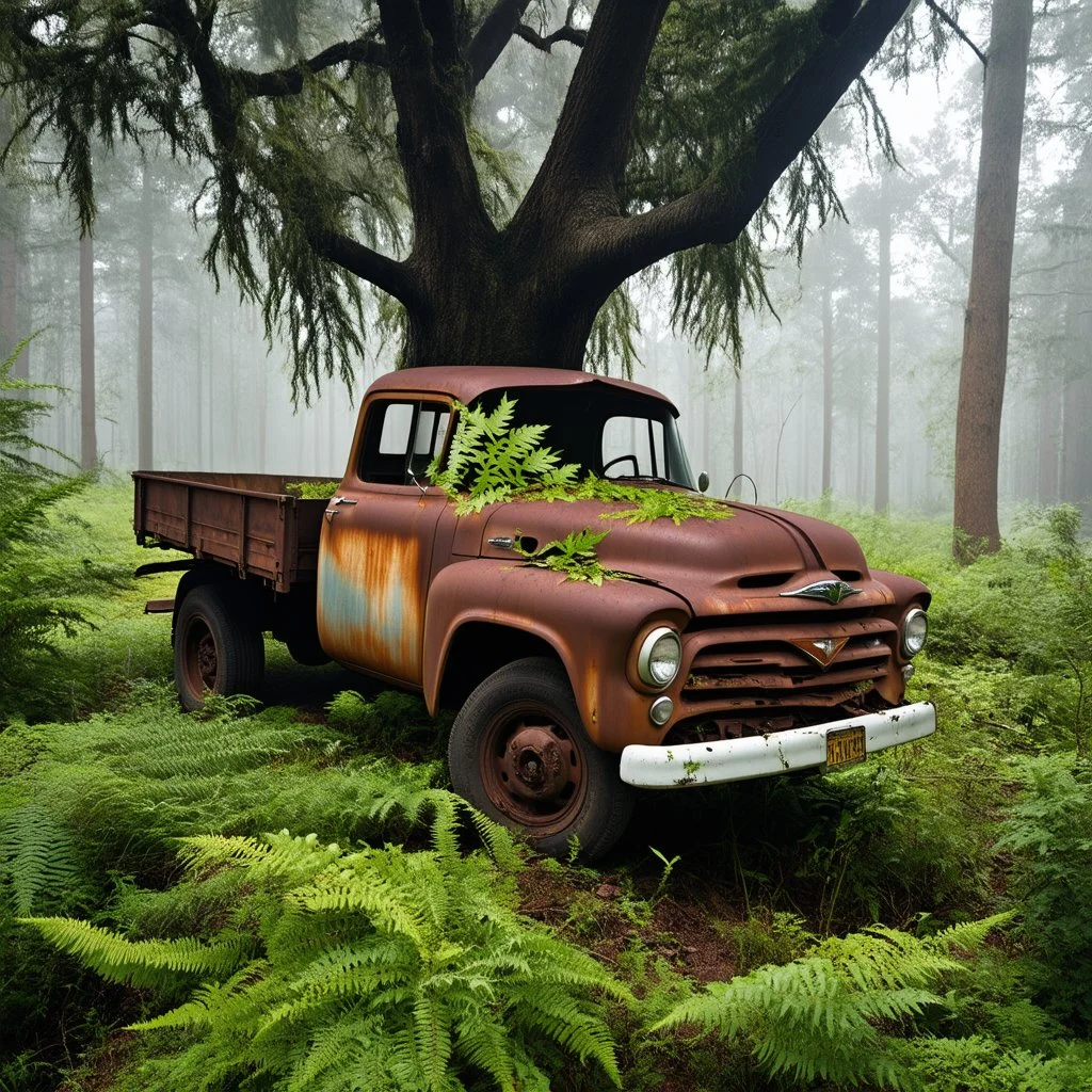 Extremely detailed 8k photo of a broken down truck of the 60s with rust and worn colors abandoned under an big tree, vegetation took over the area. Leafs on bonnet, professional photo, extremely high details, vivid colors, foggy forrest in the background, tall ferns around.