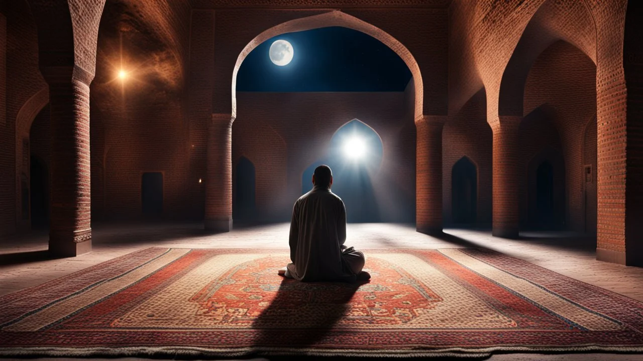 Hyper Realistic Photographic-View of a Man Worshiping-Namaz inside a prehistoric-brick-walled-mosque with pre-historic-carpets & Lalten on walls with moon-light-rays coming from outside Mosque-Window at dark-night showing dramatic & cinematic ambiance.