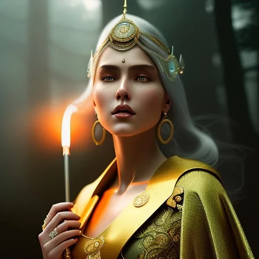 portrait of a witch in the fog, cinematic lighting, photorealistic, ornate, intricate, realistic, detailed, volumetric light and shadow intricate, elegant, highly detailed, digital painting, artstation, concept art, smooth, sharp focus, illustration, art by artgerm and greg rutkowski and alphonse mucha, super detailed --v 4