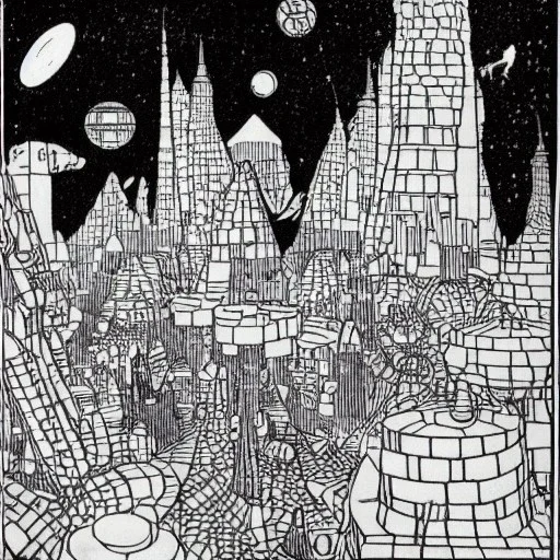 Village in the cosmos in Winsor McCay style and dr seuss style