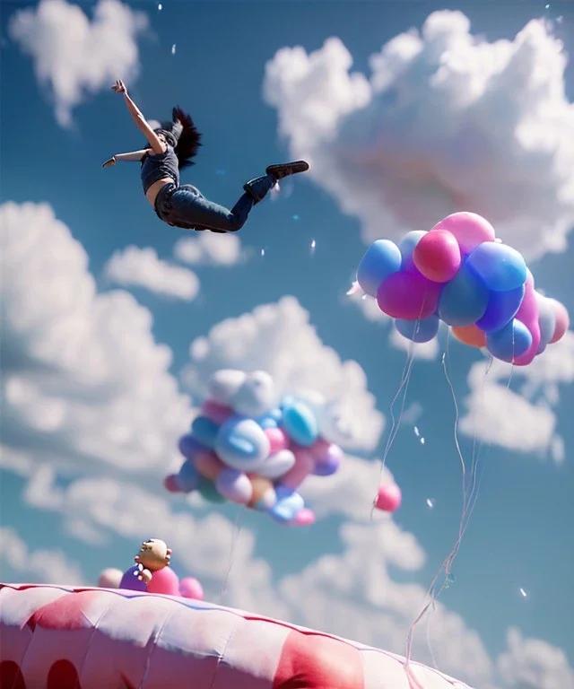 Ultra realistic clouds sky scene, wide angle, sweet childs falling down, inflatable color clothing, free jumping flying, many trinkets, monster hair, hair monster, many jelly beans, balls, smile, happy, circus style, extreme, wind, clouds sea, 20,000 feet altitude, stratosphere, soft color, highly detailed, unreal engine 5, ray tracing, RTX, lumen lighting, ultra detail, volumetric lighting, 3d, finely drawn, high definition, high resolution.