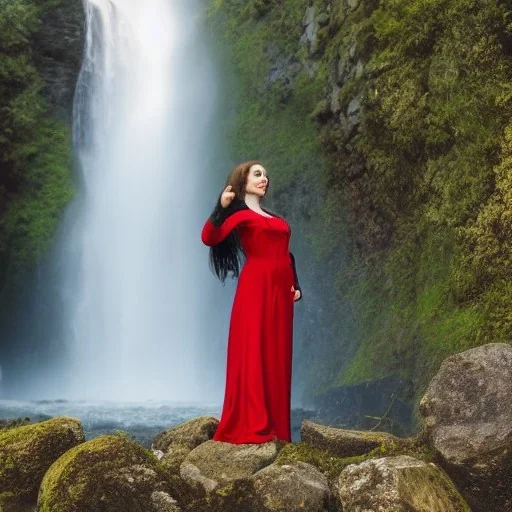 a seductive woman wearing a medieval dress posing by a waterfall