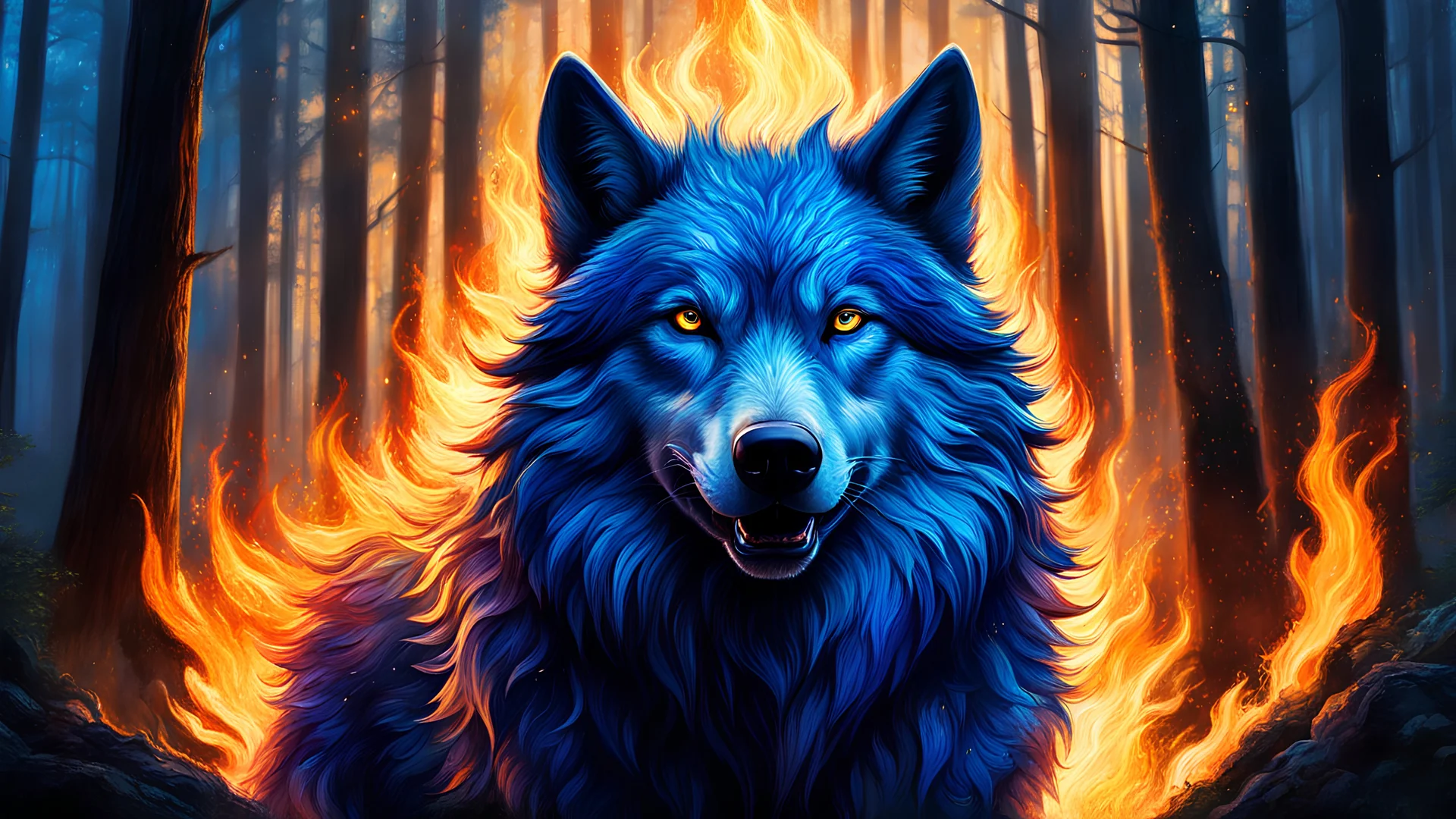 acrylic illustration, acrylic paint, oily sketch, A royal flaming wolf emerging from a magical big forest, blue flames, front facing, portrait, closeup, dark, bokeh, dawn, god rays, highly detailed, highres, Cinematic, Cinemascope, astonishing, epic, gorgeous, ral-fluff