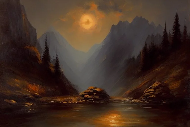 mistery night, mountains, rocks, river, epic, gothic and dark, otto pippel impressionism paintings