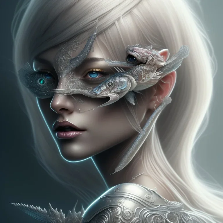 fantasy magic, intricate, sharp focus, illustration, highly detailed, digital painting, concept art, matte, masterpiece head sexy front view black blonde beauty space lady silver carp skin one head blonde space night