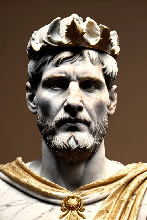 Realistic image, Roman sculpture made in white marble with gold veins, Lionel messi with gold laurel leaves crown, two blue brushes, decorative star on the chest, waist up portrait, marble material, gold ornaments, Baroque style, sun rays background, epic, celestial, cinematic lighting, God lights, 4k resolution, smooth details, soft lighting, unreal engine 5, art station, substance 3d.