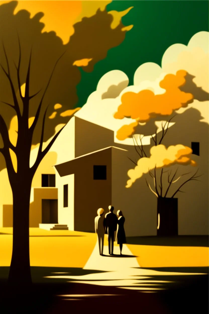 trees with leaves and shadows of a man and a woman in the Sun and clouds a house in the background peaceful abstract artwork, calm