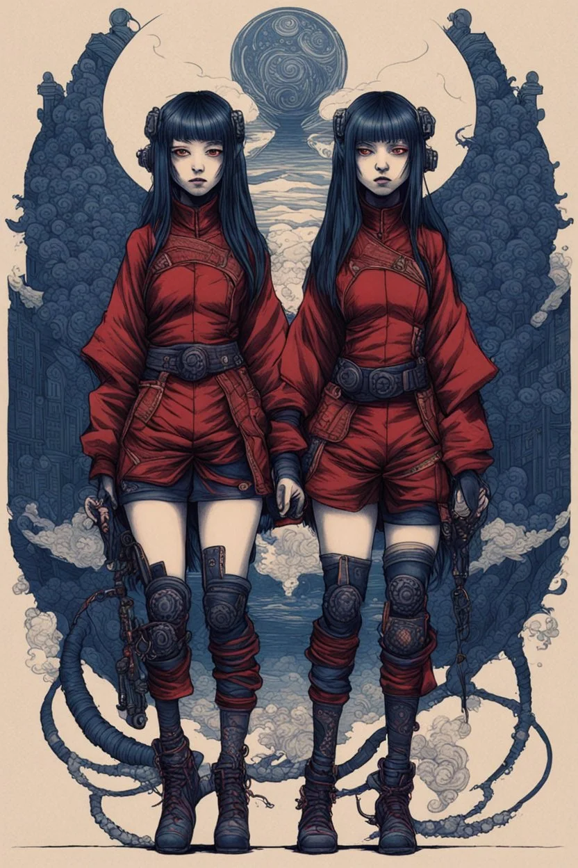 cyberpunk full body, 2 girls huge and petit, in symetric illustration by <Katsushika Hokusai><John Kenn Mortensen>, darkred tones, darkblue tones, hyperdetailed,