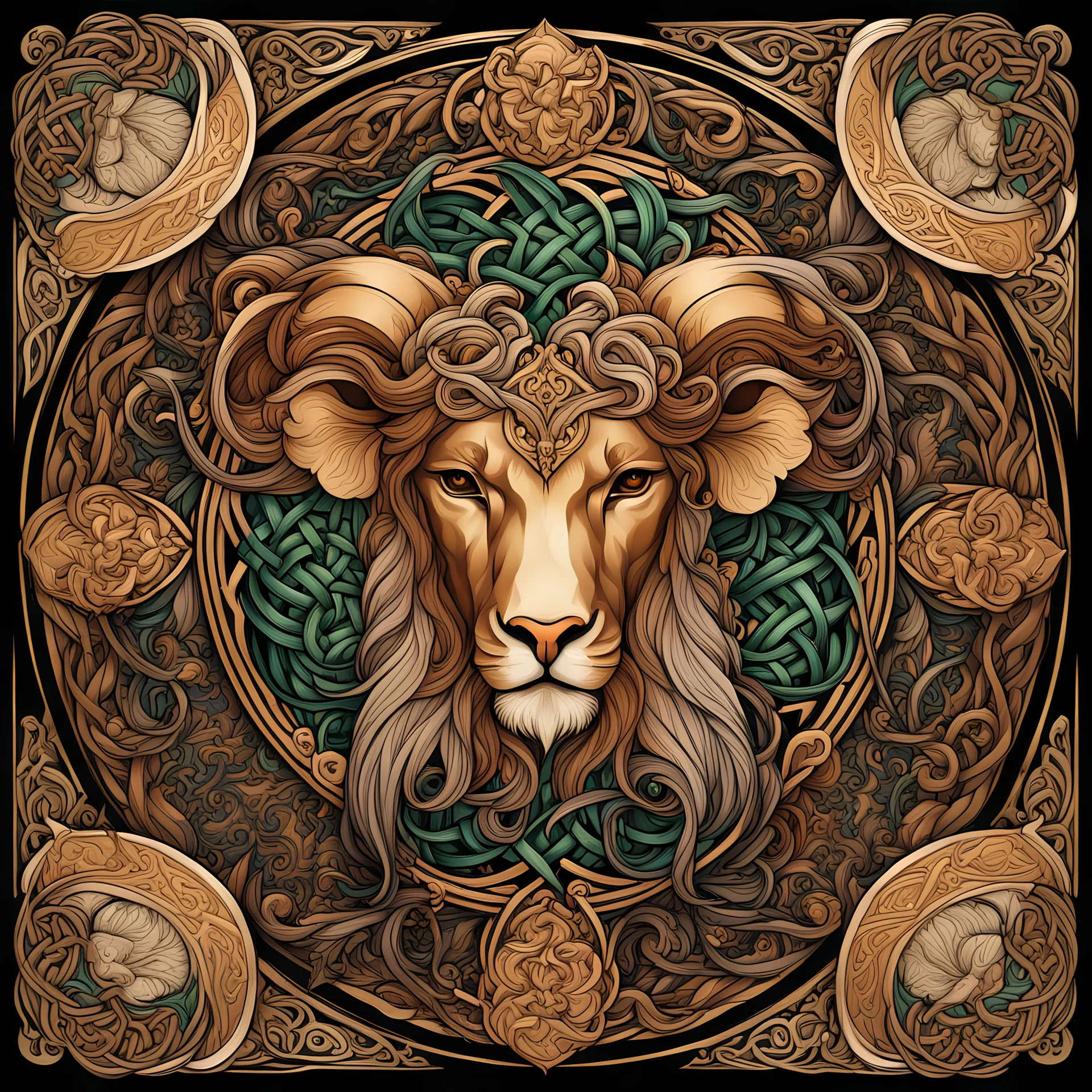 celtic leo aries sign I centered | symmetrical | key visual | intricate | highly detailed | iconic | precise lineart | vibrant and natural all round colors | comprehensive cinematic | alphonse mucha style illustration I very high resolution | sharp focus | poster | no watermarks I plain black background I image to fit within the square