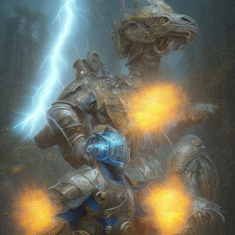 lightning, angry warrior in Blue and yellow battle armor with electric bolts of lightning, a highly detailed illustration, background of Inka jungle, realistic render, 8 k, micro detail, intricate, elegant, centered, digital painting, Artstation, smooth, sharp focus, illustration, artgerm, tomasz alen kopera, peter mohrbacher, donato giancola, joseph christian leyendecker, wlop, boris vallejo