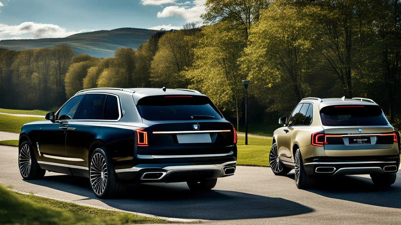 A sleek rear view of (((a cross of bmw and rollsroyce cullinan))), on street, with hill and trees around, a beautiful clouds and sunny weather, 4K, Superdetailed, No mistakes