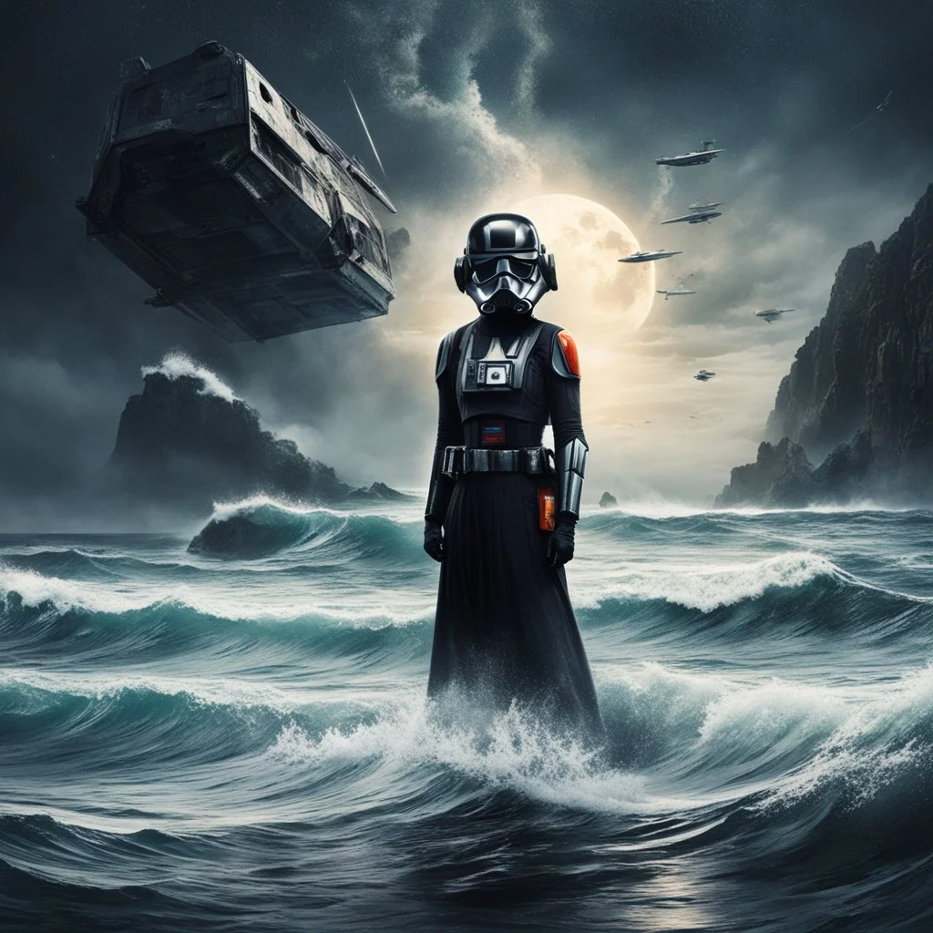 Gazing at a sinking TIE-fighter in the sea. Unspoken connection between two different worlds, Emotions hidden beneath the stormtrooper's mask. Curiosity and sadness reflected in the woman's eyes. Echoes of a galactic battle, scars on the universe. Crashing waves against the cliff, a relentless symphony.