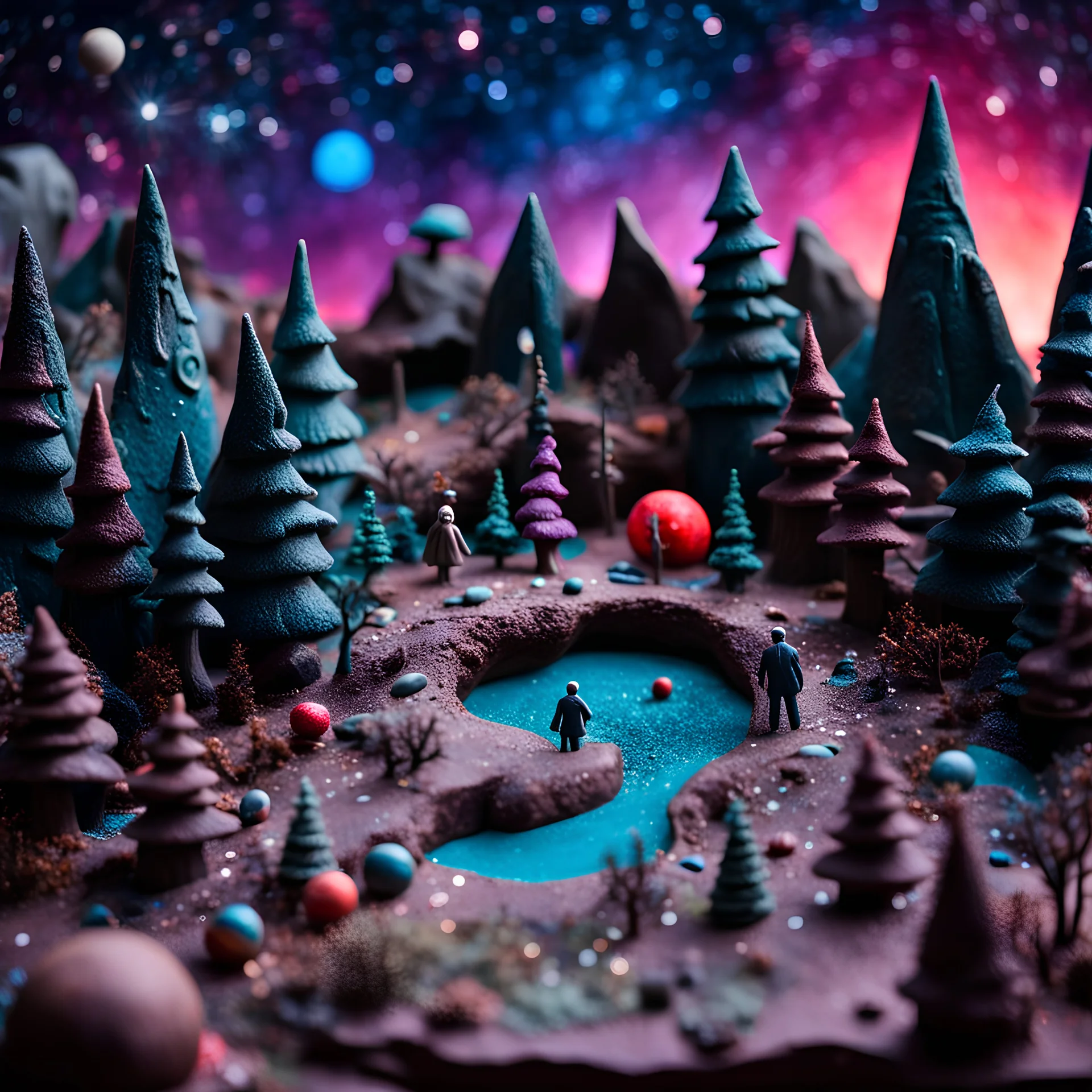 Detailed creepy landscape made of modeling clay, people, village, stars and planets, naïve, Tim Burton, strong texture, extreme detail, Max Ernst, decal, rich moody colors, sparkles, bokeh