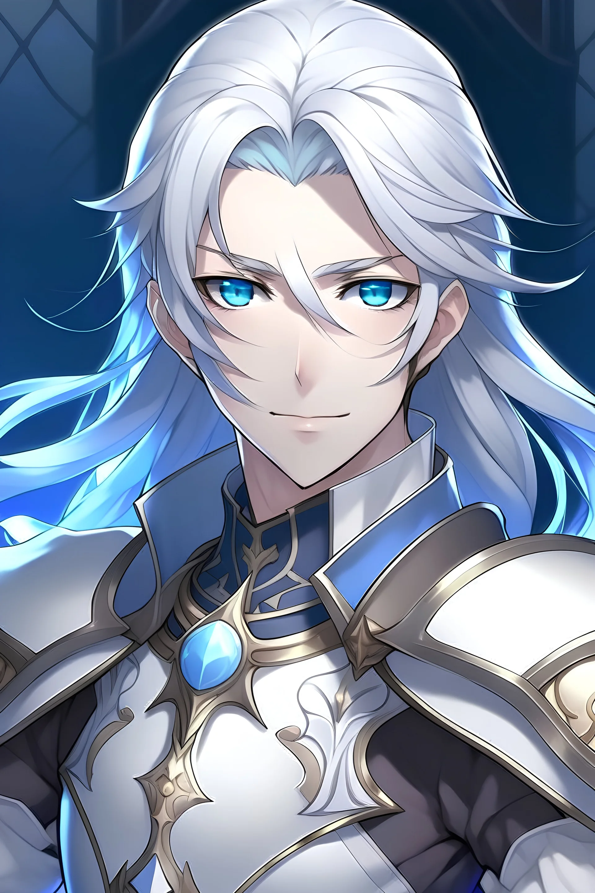 white hair blued eyed handsome young male anime character name Jin Hitoshi who has long flowing white hair, blue eyes, and knight armor