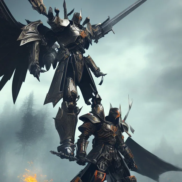 Human male, Winged Warrior Knight in black metal mech armor wielding two swords ready to fight, symetrical, centered, rage, sorrow, high definition, ultra 8K, volumetric lighting, blue fire, fog, extremely detailed, hyper realistic