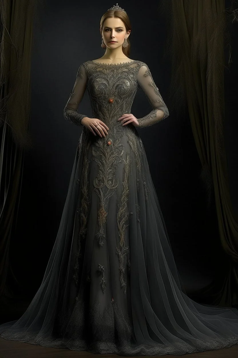 This gown is perfect for a formal event or evening party. It is made of a luxurious organza fabric and features a fitted bodice and a flowing skirt. The bodice is embellished with intricate embroidery and beadwork at the neckline and cuffs. The skirt is also embellished with embroidery and beadwork at the hemline.