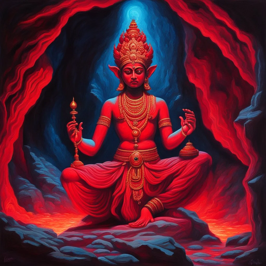 An oil painting of Hindu god YAMA in a cave, neon red colors, high detail, dark vibe